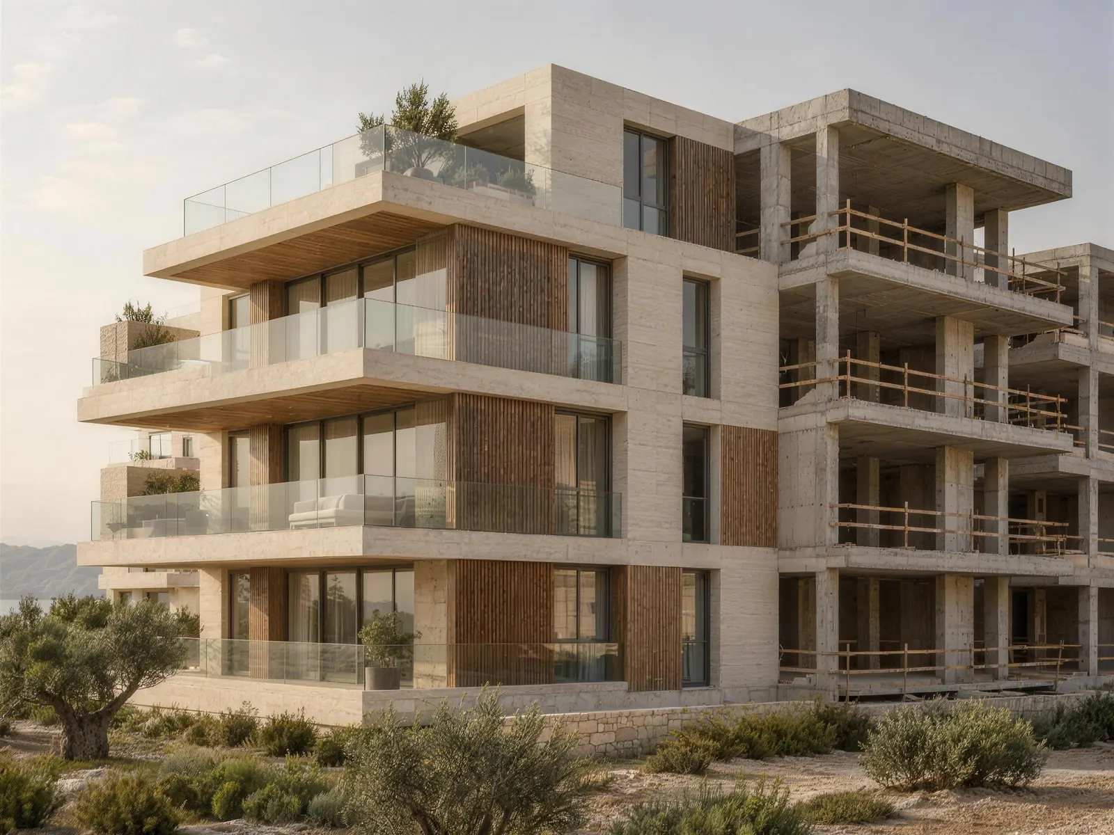 Edificio residencial en obra: una mitad terminada, con terrazas acristaladas y celosías de madera, y la otra todavía en estructura de hormigón.