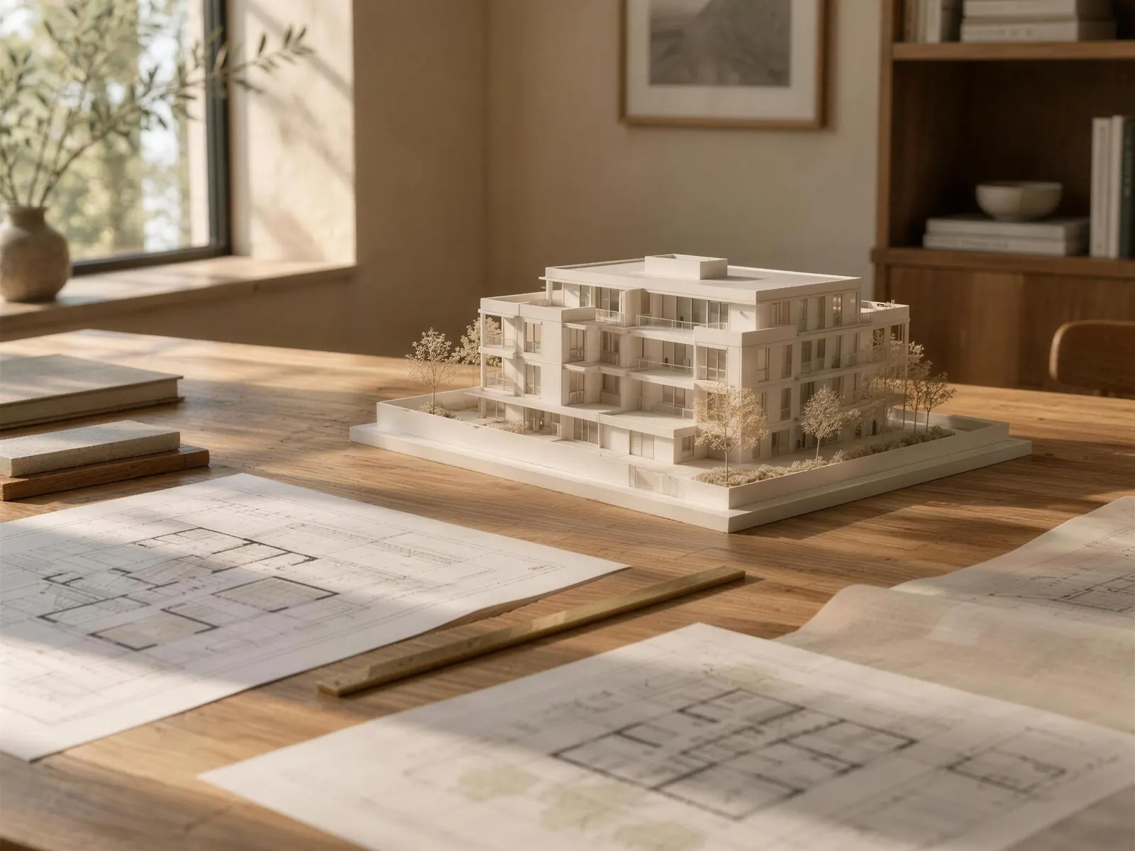 Maqueta blanca de un edificio residencial sobre una mesa de madera, junto a planos de planta.